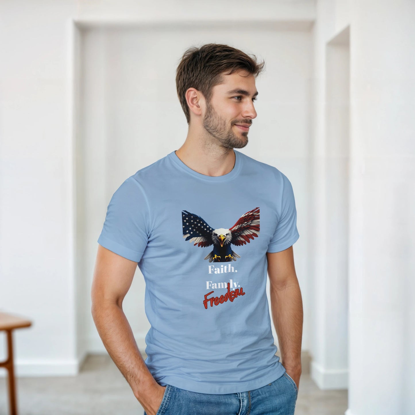 Faith. Family. Freedom. Patriotic Eagle on a Heavyweight T-shirt
