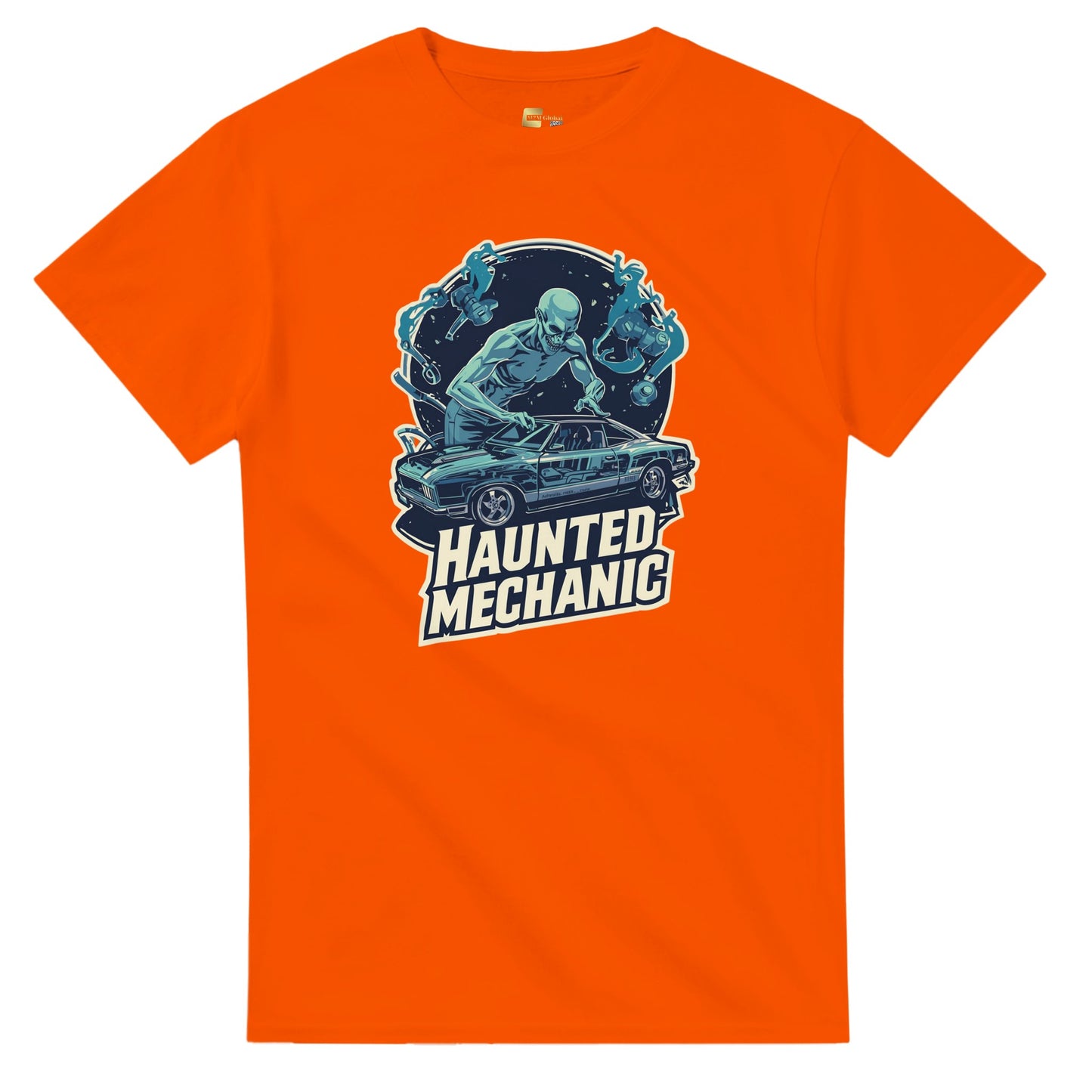 Haunted Mechanic graphic design on a Heavyweight T-shirt