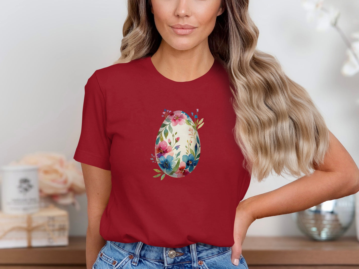 Floral Egg Design Graphic on Red Women's T-Shirt