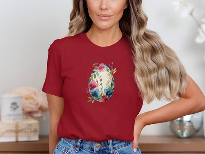 Floral Egg Design Graphic on Red Women's T-Shirt