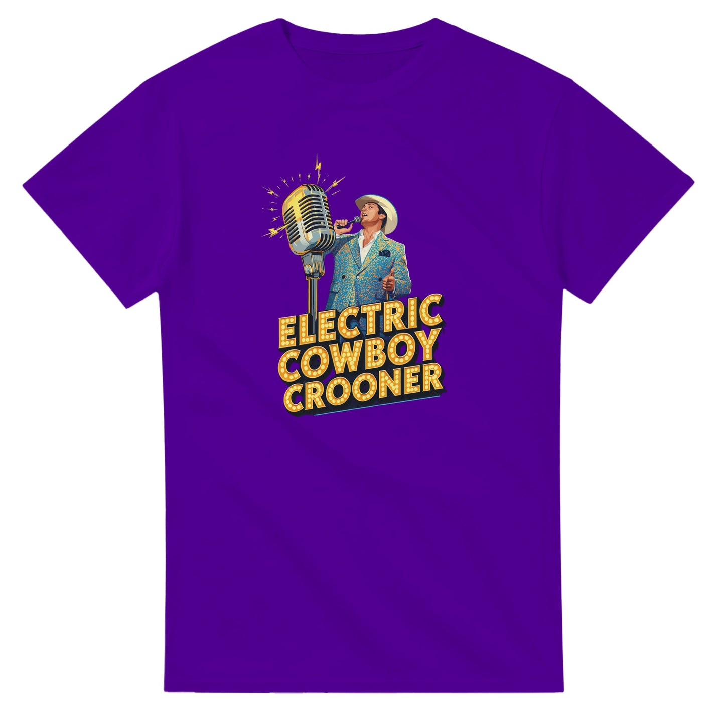 Person wearing a blue t-shirt with 'Electric Cowboy Crooner' design in a mall setting
