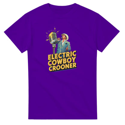Person wearing a blue t-shirt with 'Electric Cowboy Crooner' design in a mall setting