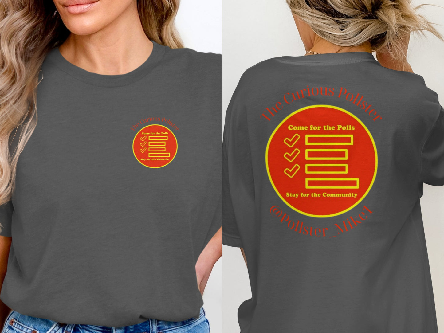 Dark grey t-shirts featuring "The Curious Polister" logo with checkboxes and text.