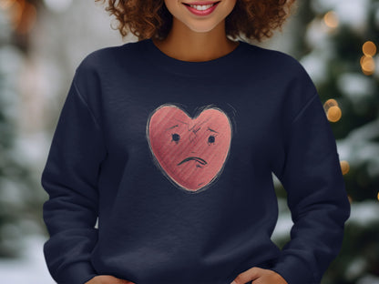 Sad Heart Design on Cozy Navy Blue Sweatshirt