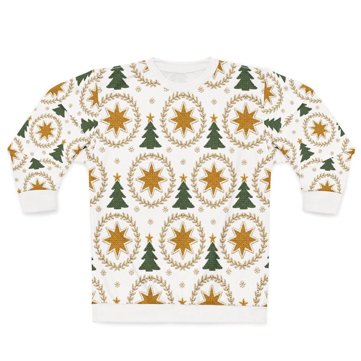 White sweatshirt with a repeating pattern of green Christmas trees and yellow stars in wreaths.