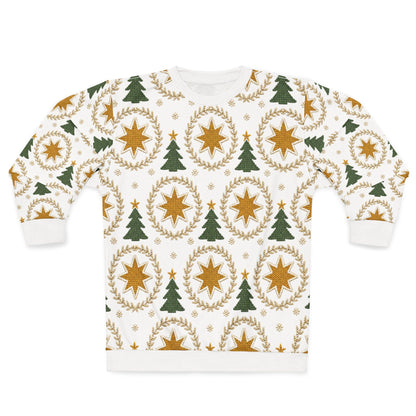 White sweatshirt with a repeating pattern of green Christmas trees and yellow stars in wreaths.