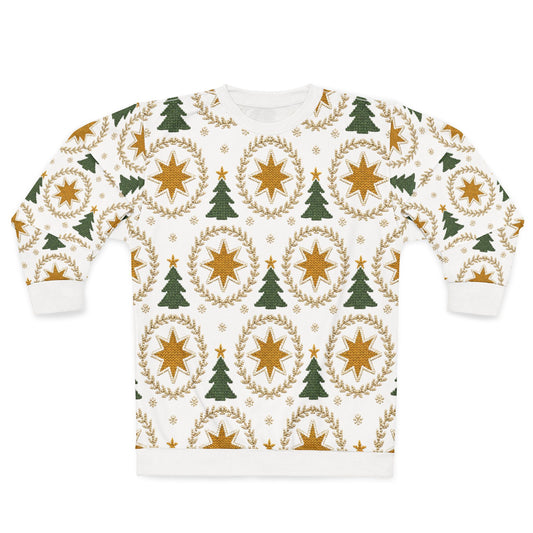 White sweatshirt with a repeating pattern of green Christmas trees and yellow stars in wreaths.