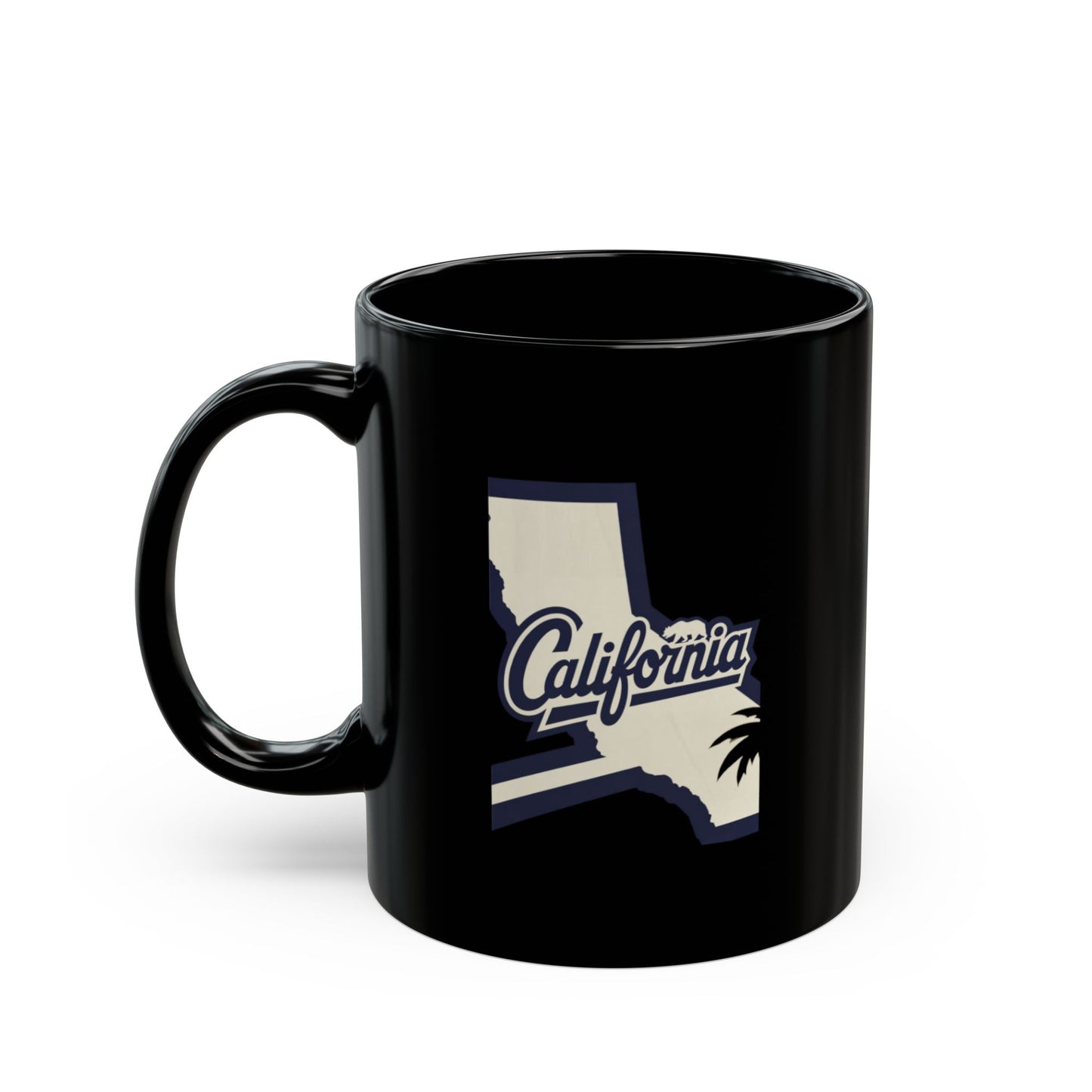 Black mug with "California" and palm tree silhouette design.