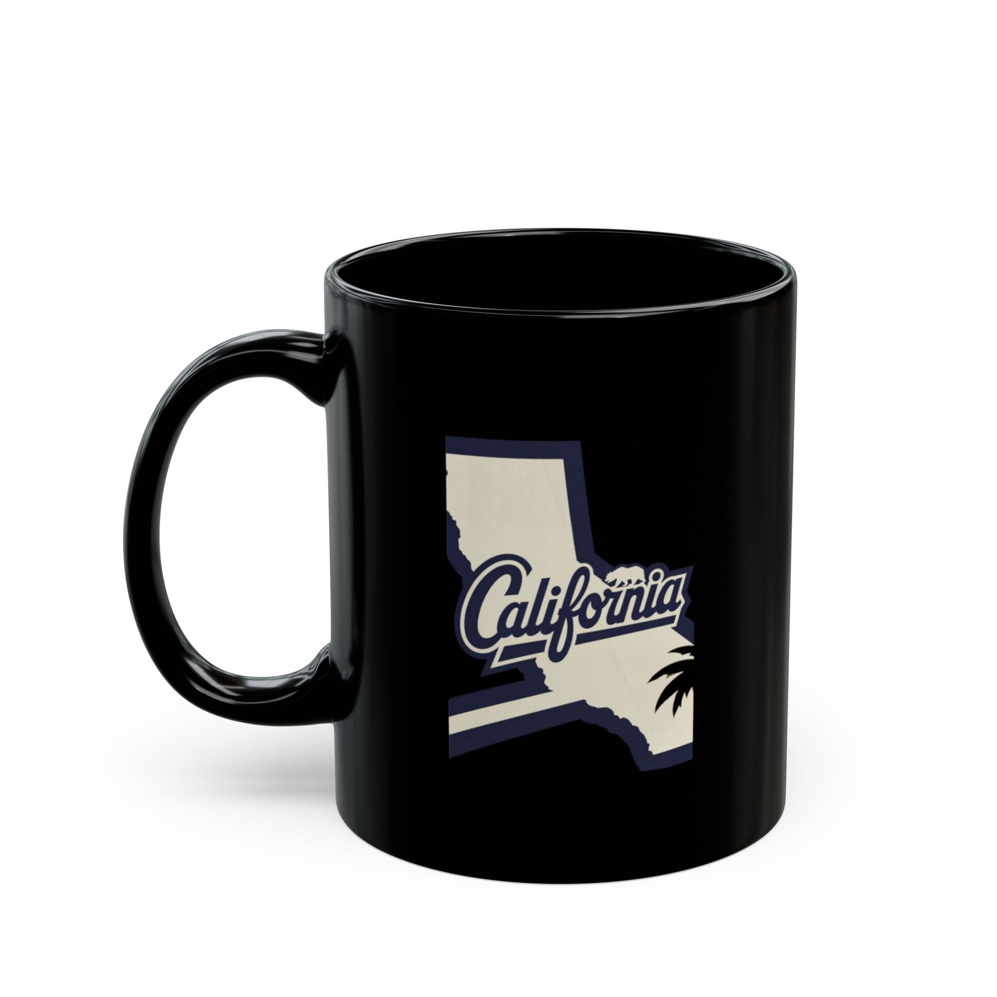 Black mug with "California" and palm tree silhouette design.
