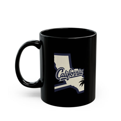 Black mug with "California" and palm tree silhouette design.
