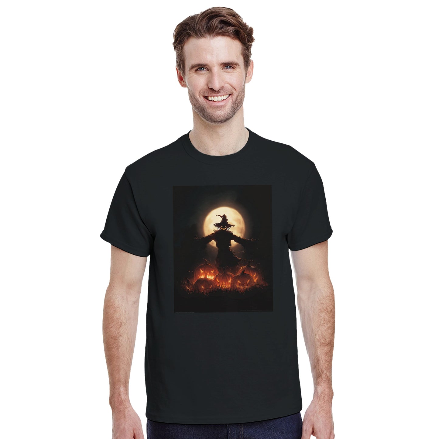 Spooky Scarecrow & Jack-O'-Lantern on a Heavyweight T-shirt