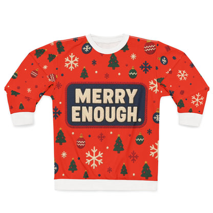 Red sweatshirt with scattered Christmas trees, snowflakes, and ornaments, text reads "MERRY ENOUGH."