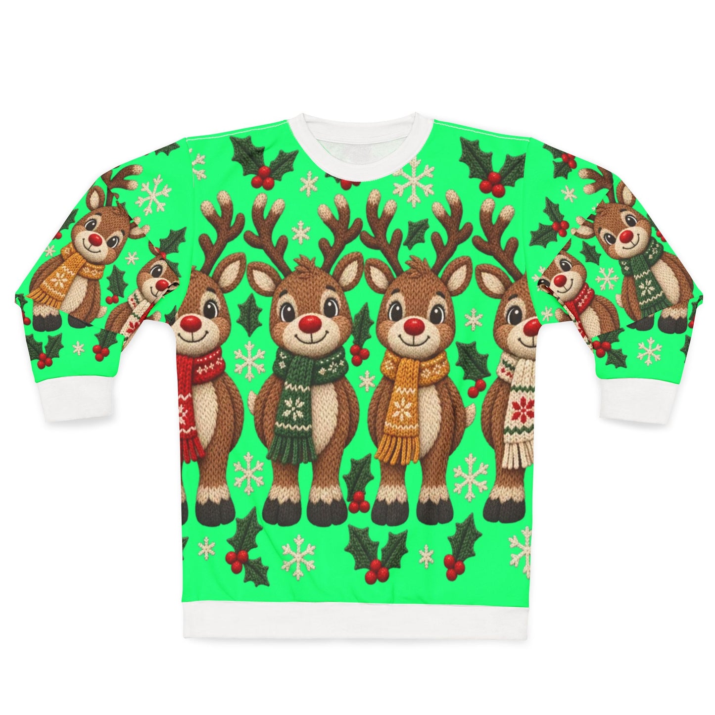 Green sweatshirt with a repeated pattern of cartoon reindeer wearing scarves and snowflakes.