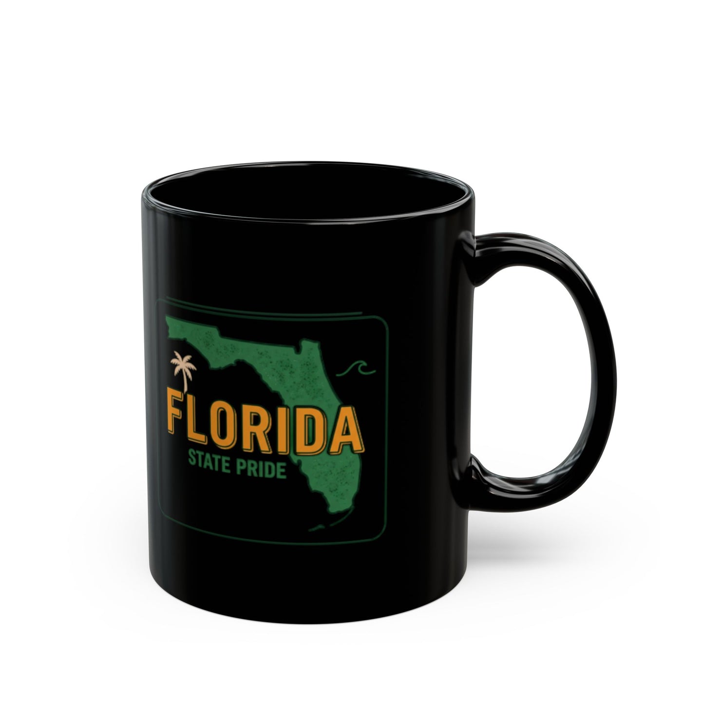 Black mug with a vintage Florida outline graphic and "STATE PRIDE" text.