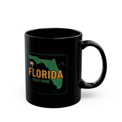 Black mug with a vintage Florida outline graphic and "STATE PRIDE" text.