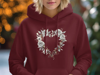 Elegant Floral Heart Maroon Hooded Sweatshirt