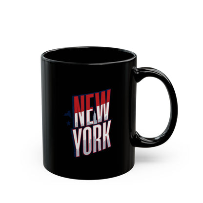 Black mug with "NEW YORK" text in red, white, and blue.
