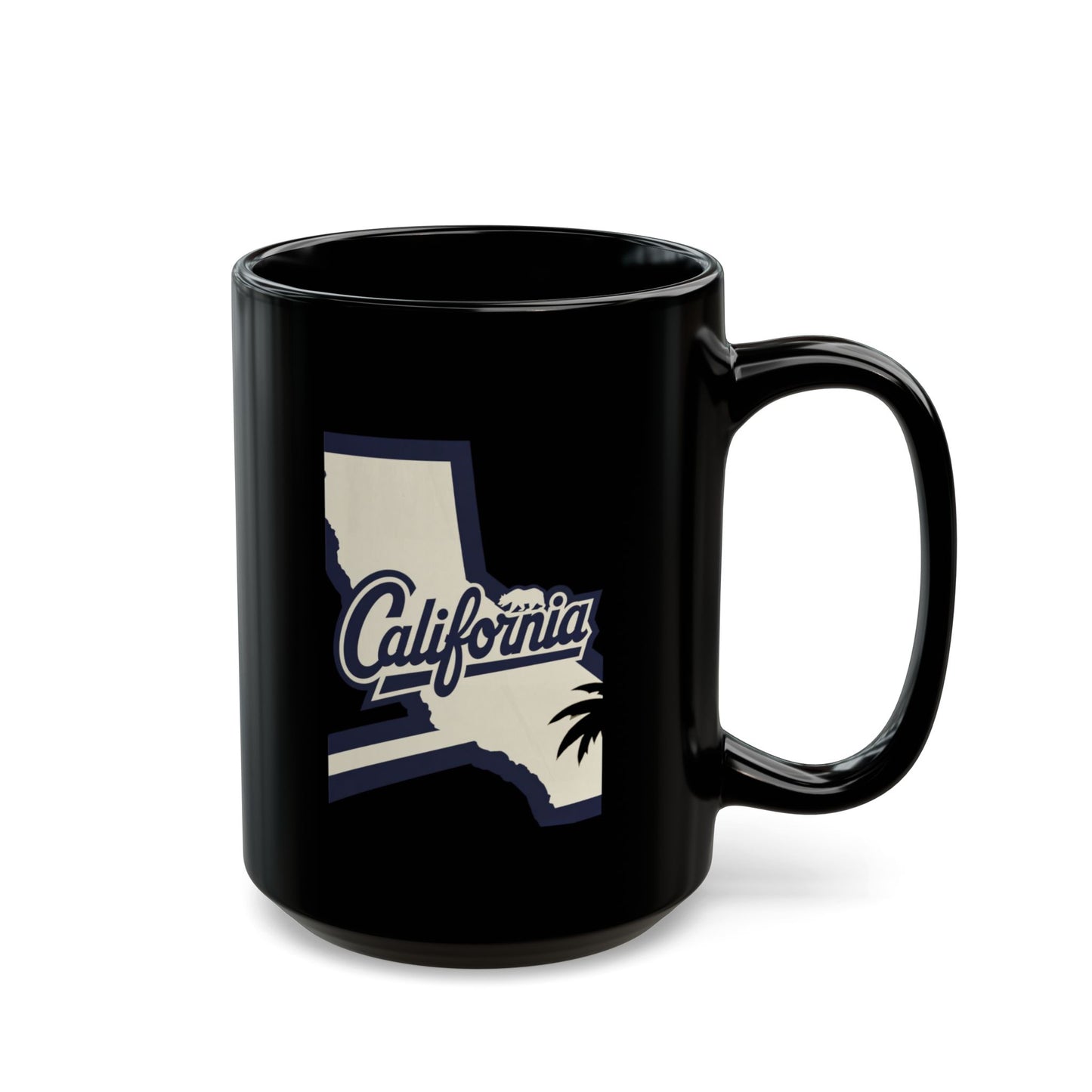 Black mug with "California" text and palm tree silhouette in state outline.