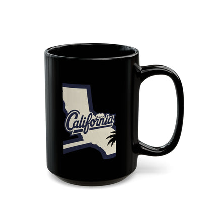 Black mug with "California" text and palm tree silhouette in state outline.