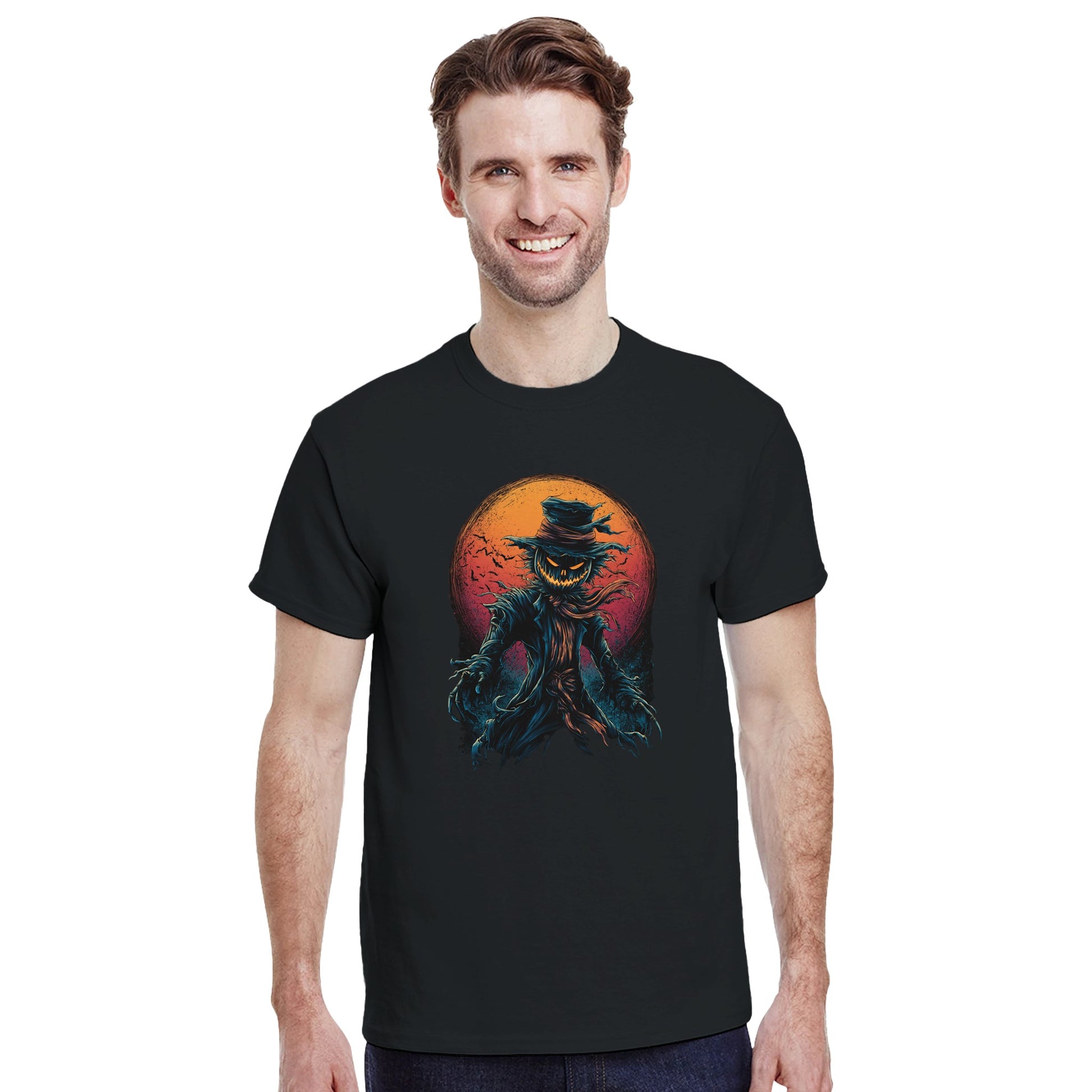 Scarecrow with Full Moon & Bats on a Heavyweight T-shirt