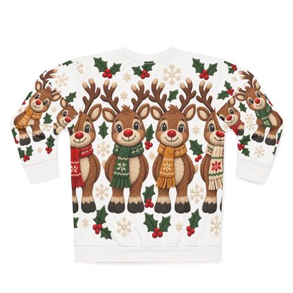 White sweatshirt with a repeating pattern of cartoon reindeer wearing scarves, holly, and snowflakes.