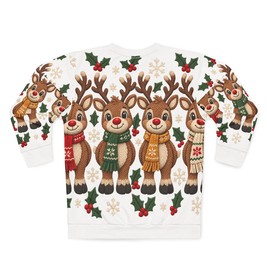 White sweatshirt with a repeating pattern of cartoon reindeer wearing scarves, holly, and snowflakes.