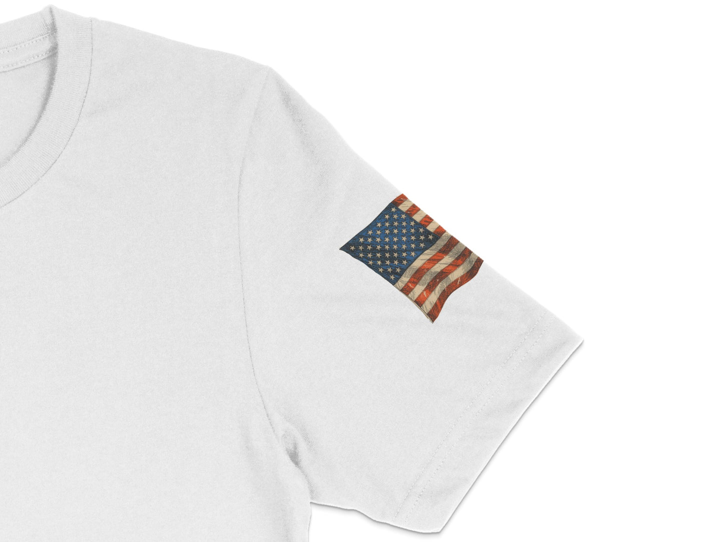 White t-shirt sleeve with American flag patch.