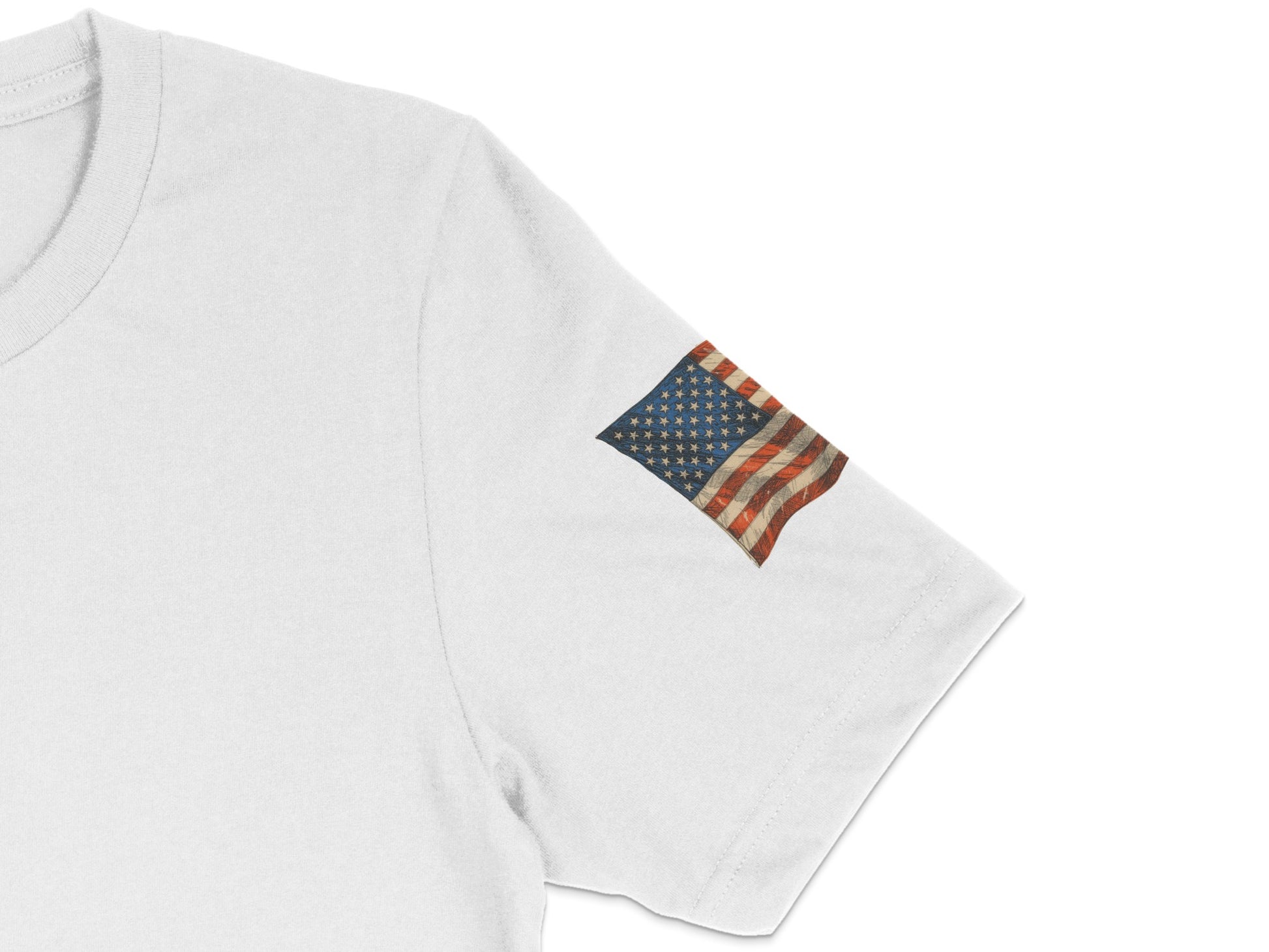 White t-shirt sleeve with American flag patch.