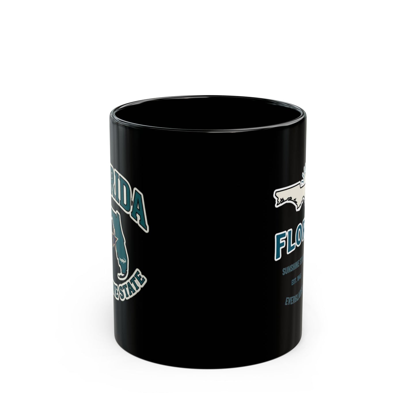 Black mug with "Florida Sunshine State" text and state outline.
