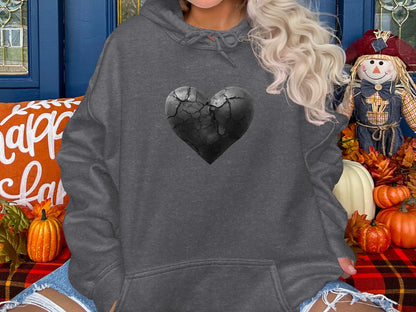 Grey Hoodie with Cracked Heart Design in Fall Outfit