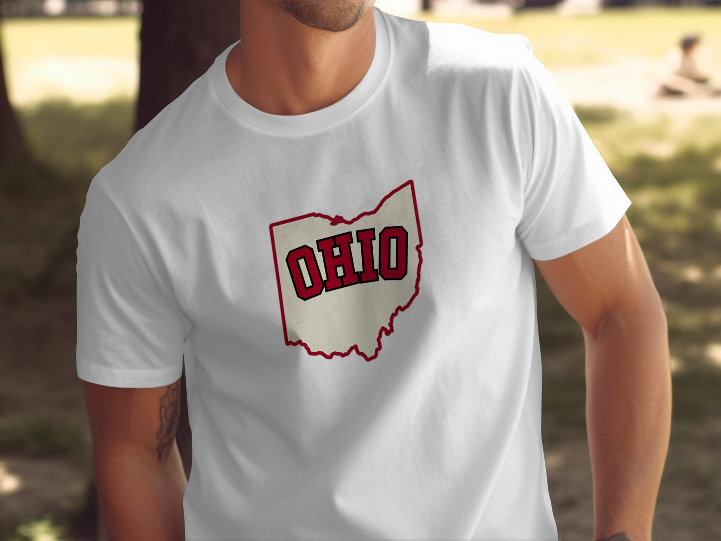 White t-shirt with "OHIO" text inside an outline of the state.