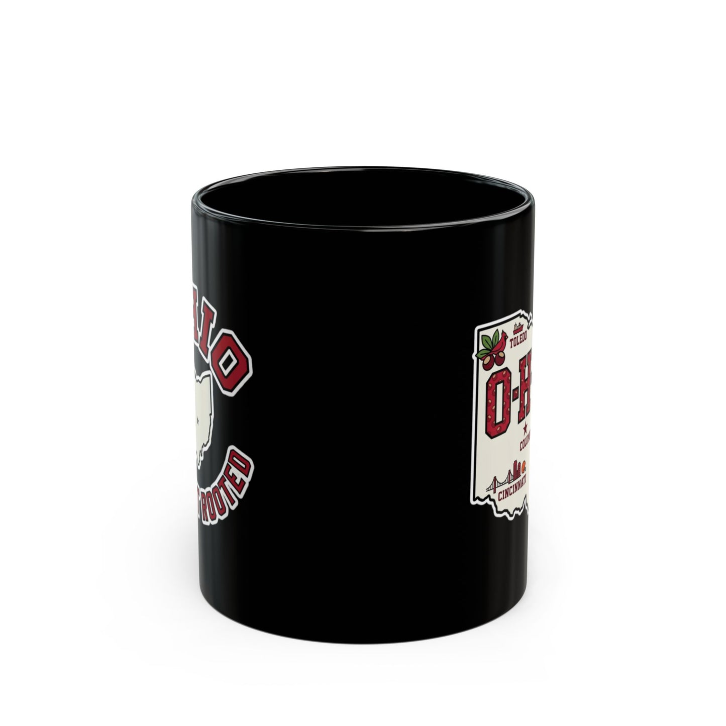 Black Ohio mug with "Ohio Rooted" text and city logos.