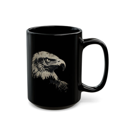 Black mug with eagle head graphic on side.