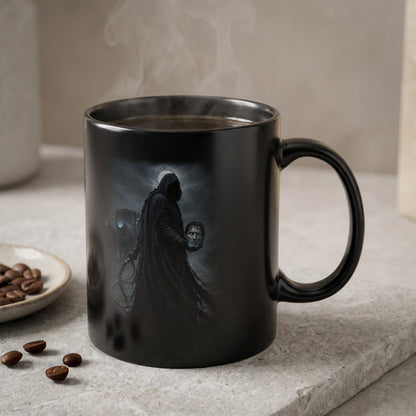 Black mug with a dark fantasy depiction of a hooded figure holding a severed head.