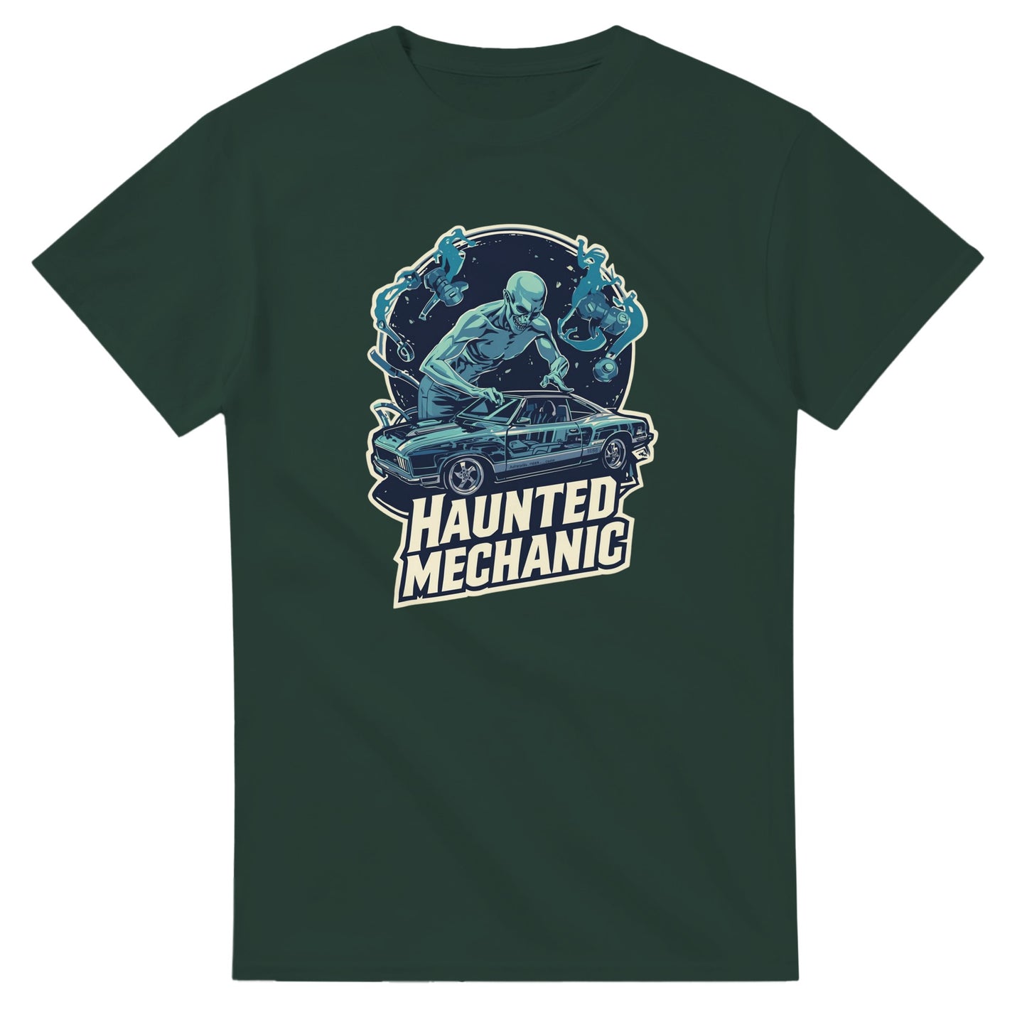 Haunted Mechanic graphic design on a Heavyweight T-shirt