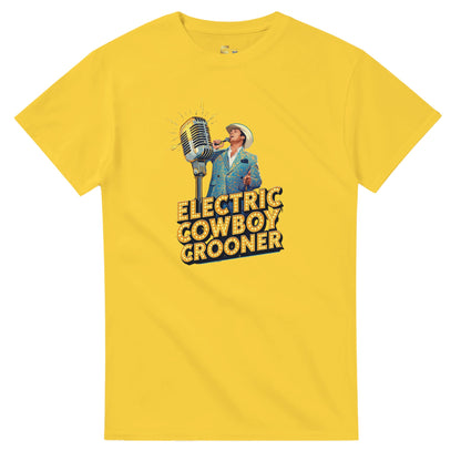 Person wearing a blue t-shirt with 'Electric Cowboy Crooner' design in a mall setting