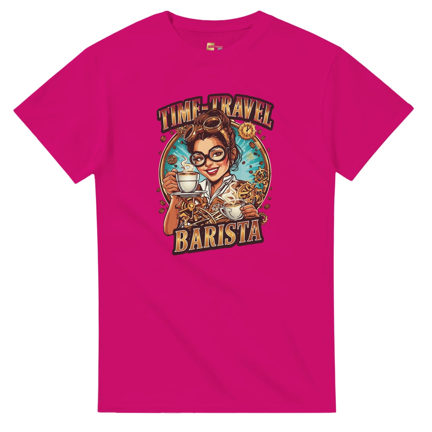 Time-Travel Barista graphic design on a Heavyweight T-shirt
