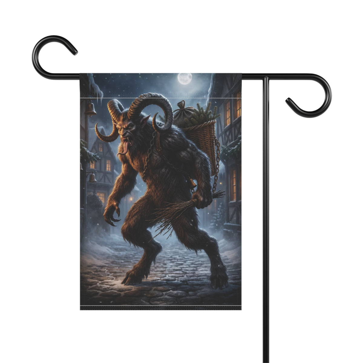 Furry Krampus with horns and basket walks through a snowy village under a full moon.