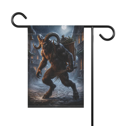 Furry Krampus with horns and basket walks through a snowy village under a full moon.