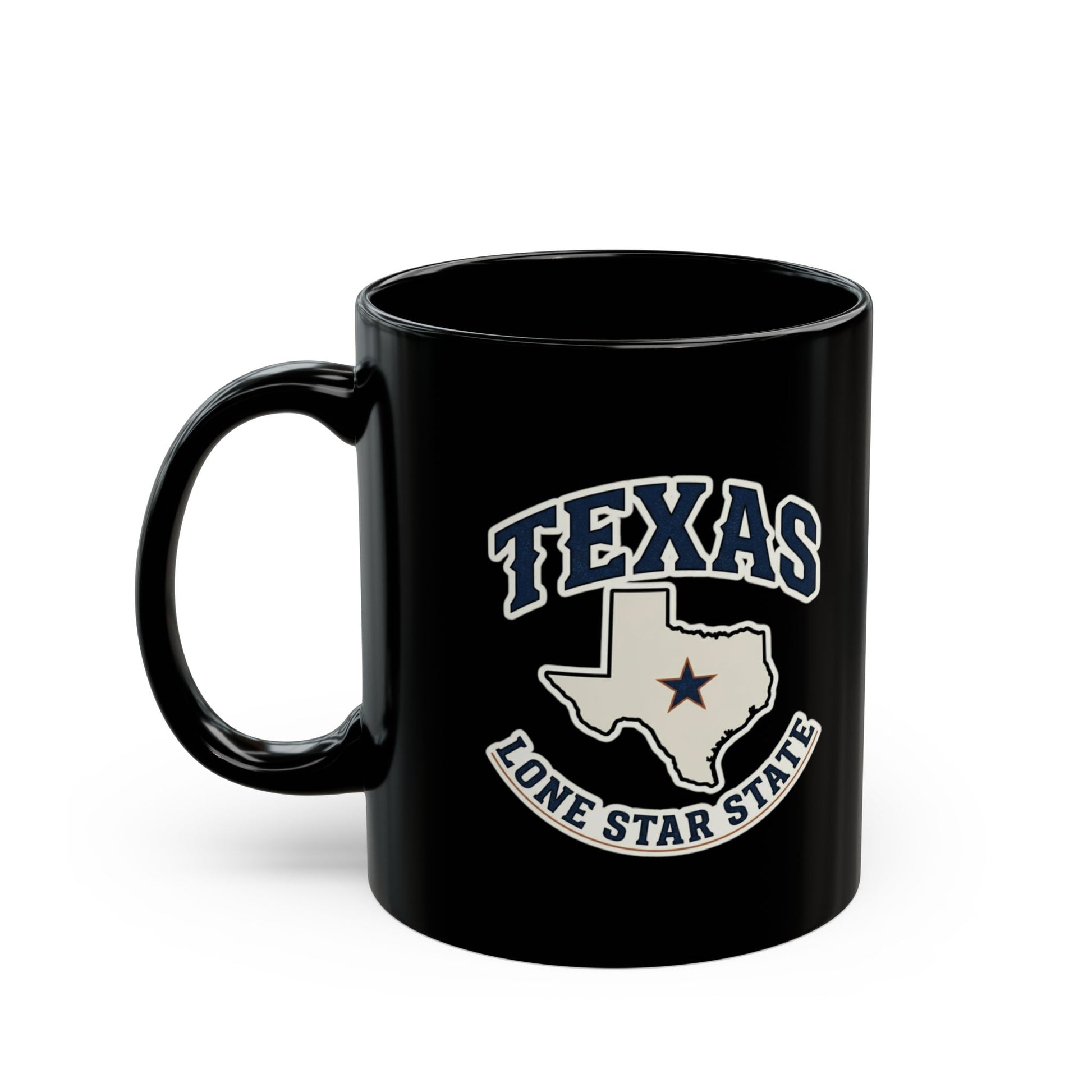 Black mug with Texas Lone Star State graphic and lettering.