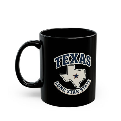 Black mug with Texas Lone Star State graphic and lettering.