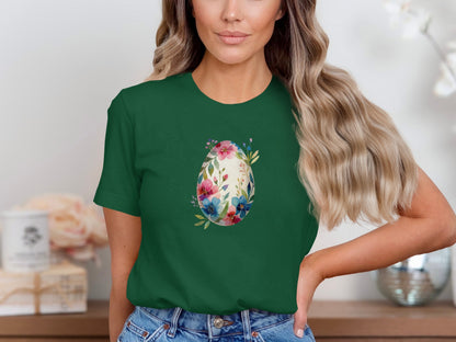 Floral Easter Egg Graphic Tee for Women Casual Top
