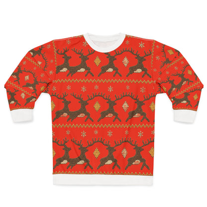 Red sweater with a repeating pattern of brown reindeer, snowflakes, and diamond shapes.