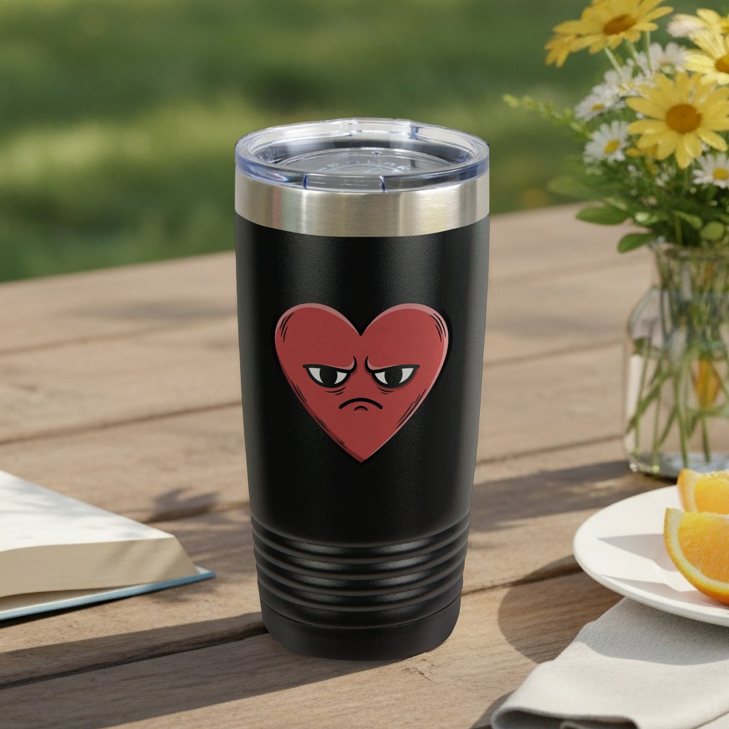 Black Tumbler with Grumpy Red Heart Design
