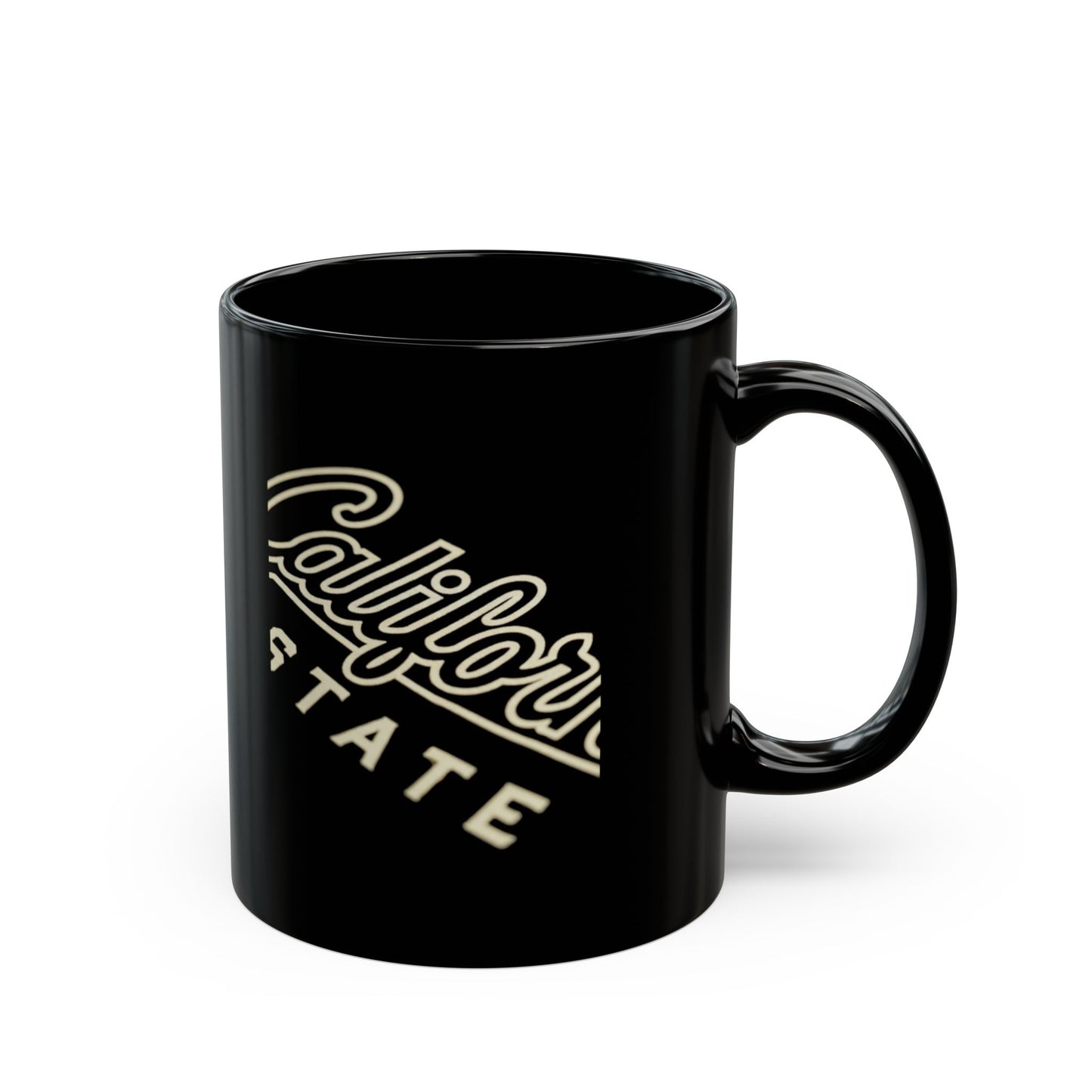 Black mug with "California State" text in off-white script.