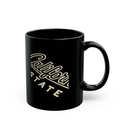 Black mug with "California State" text in off-white script.