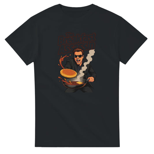 The Breakfast Assassin graphic design on a Heavyweight T-shirt