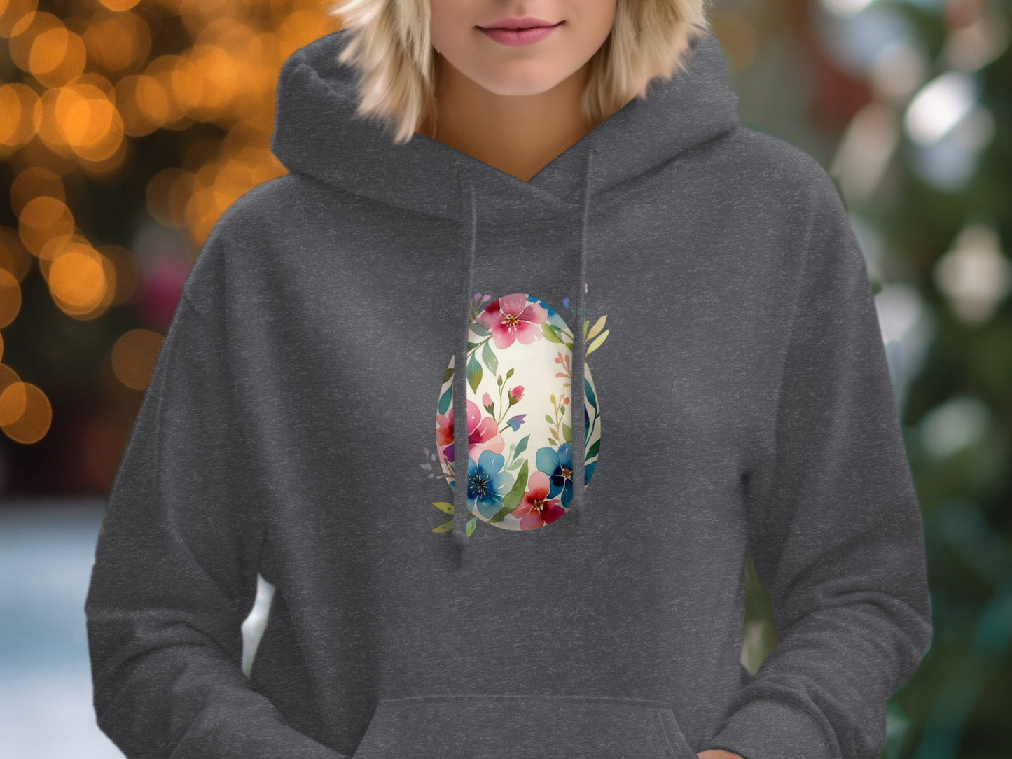 Gray Hoodie with Colorful Floral Egg Design Hoodie