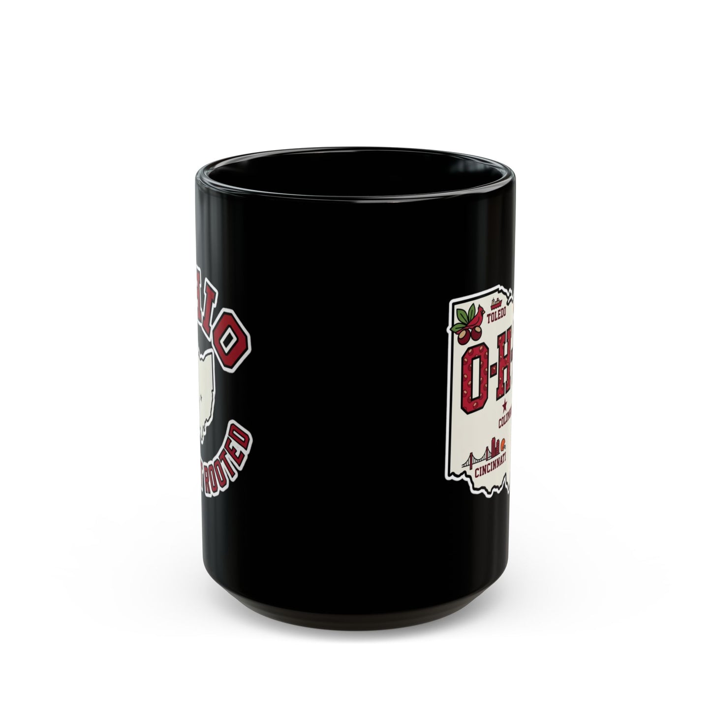 Black mug with "Ohio Hooked" and city names in red and white.