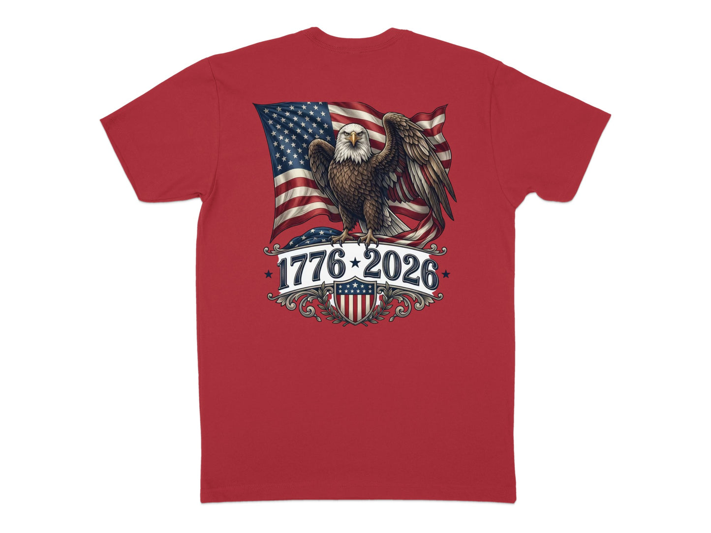 Red t-shirt featuring eagle and American flag with text "1776-2026".